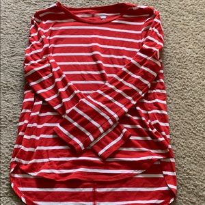 long sleeve, red & white shirt.